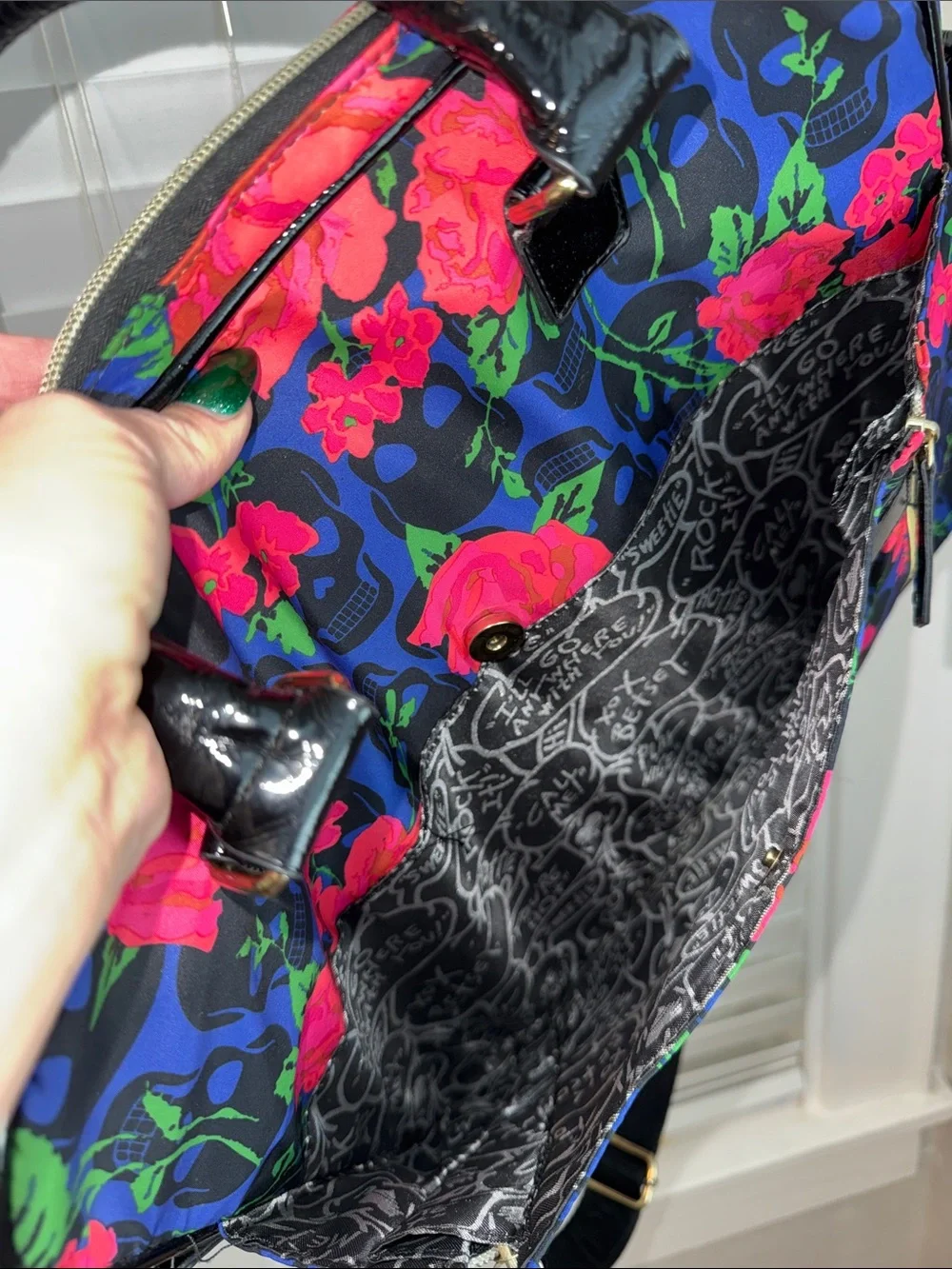 Betsey Johnson Blue Floral Skull Laptop Bag with Pink and Green Accents